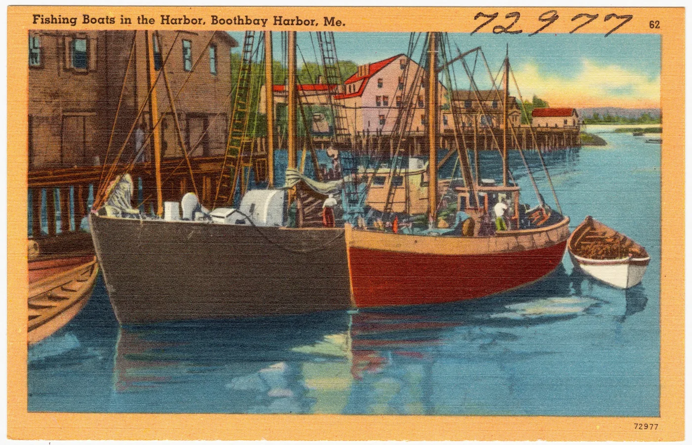 Vintage postcard of fishing boats in the harbor at Boothbay Harbor, Maine