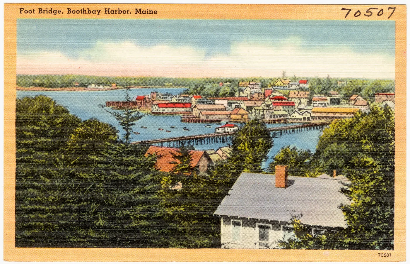 Vintage postcard of the wooden footbridge across the inner harbor at Boothbay Harbor, Maine