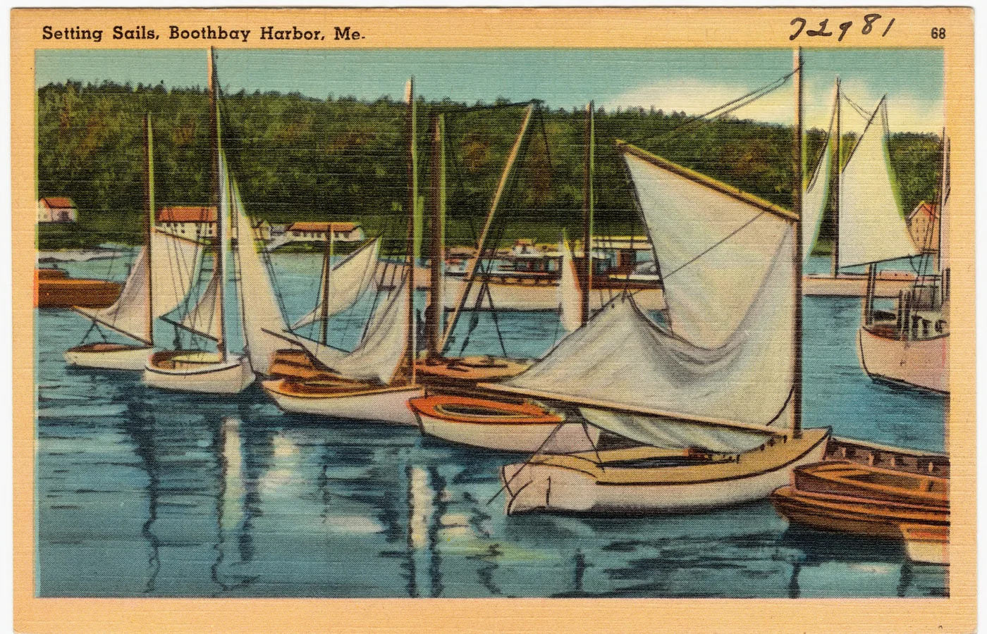 Vintage postcard of boats setting sails in Boothbay Harbor, Maine