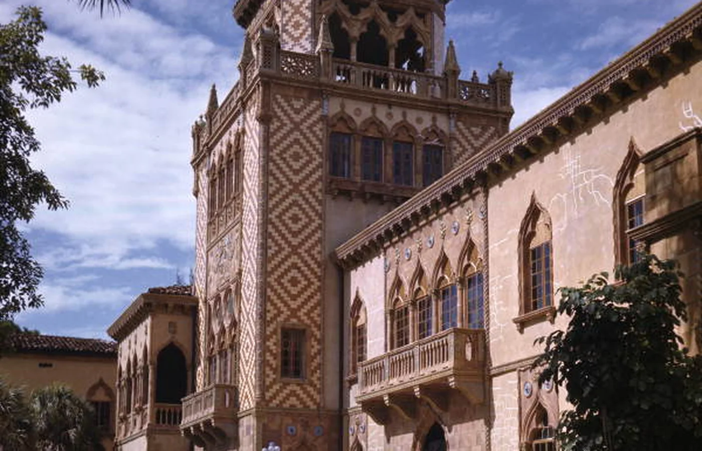The entrance facade of Ca' d'Zan, the Ringling mansion in Sarasota, Florida