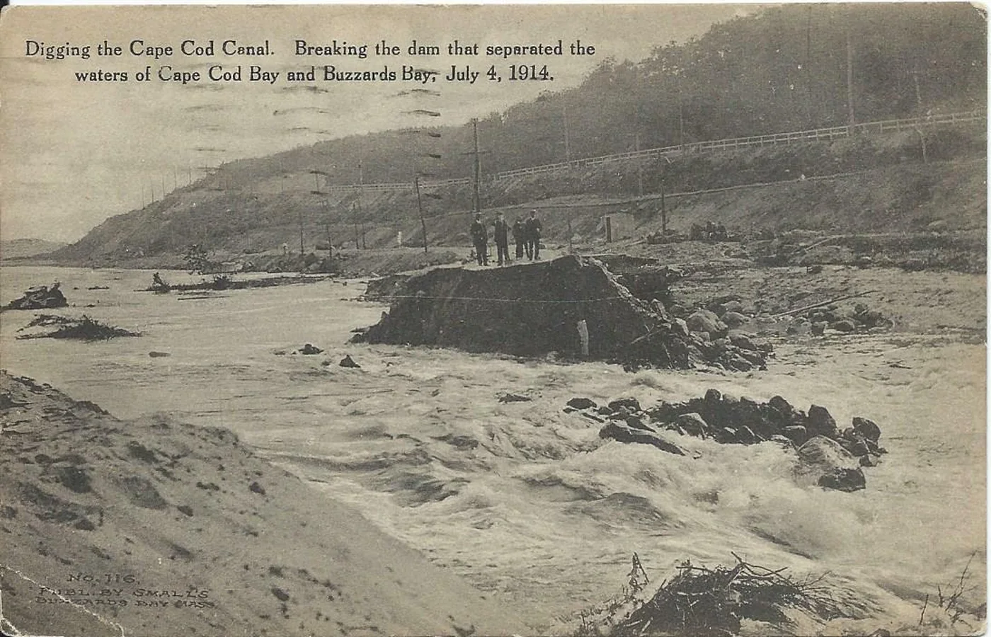 Postcard view of the breaking of the dam at the opening of the Cape Cod Canal in July 1914