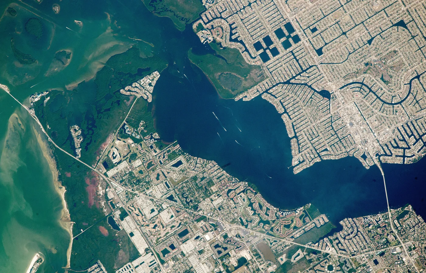 An aerial view from the International Space Station of the canal network of Cape Coral, Florida