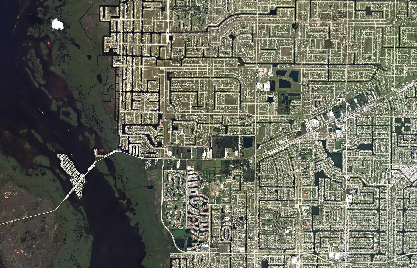 Satellite view of Cape Coral, Florida, and its grid of canals