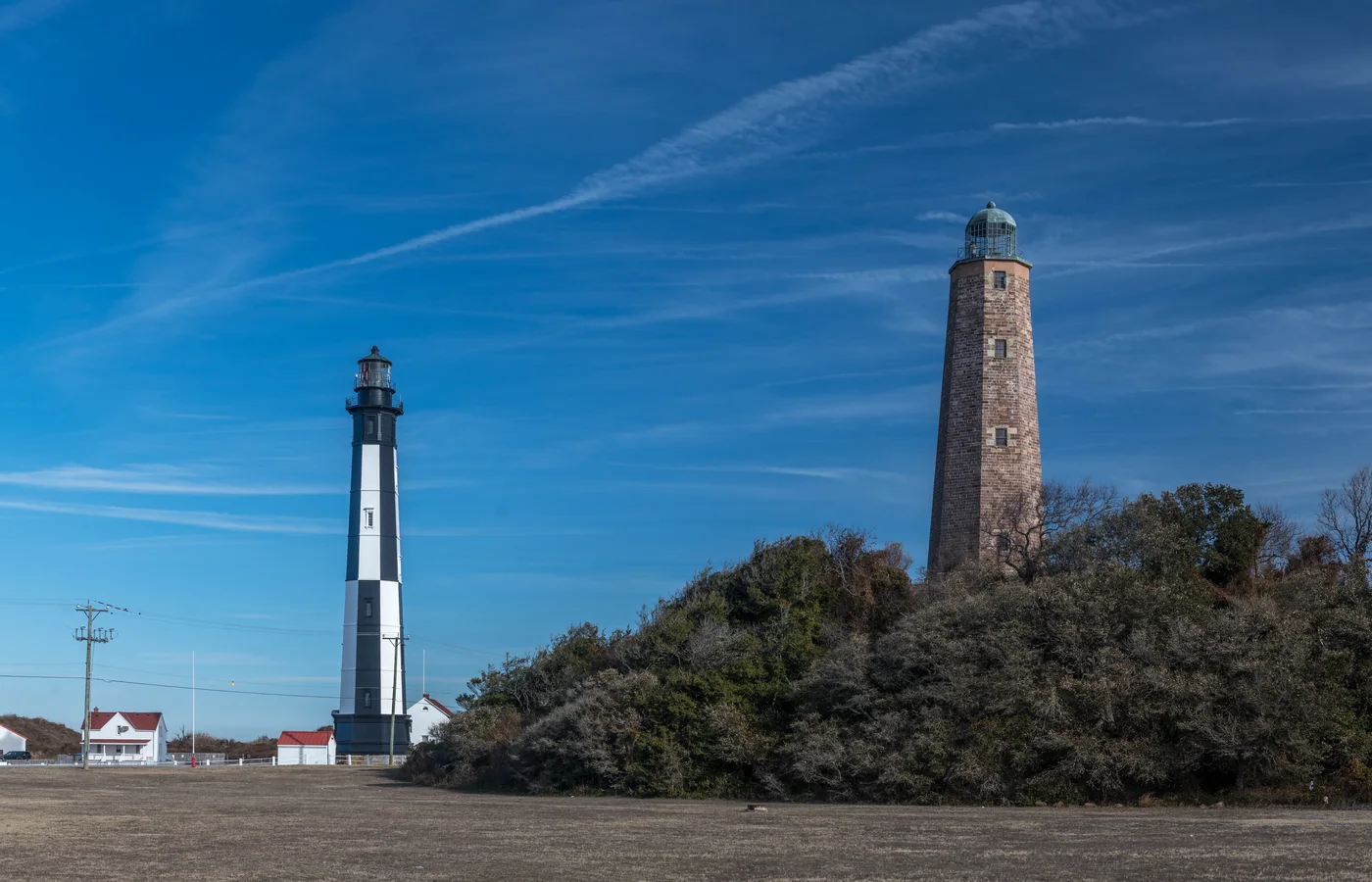 The 1792 and 1881 Cape Henry Lighthouses standing together at Cape Henry in Virginia Beach