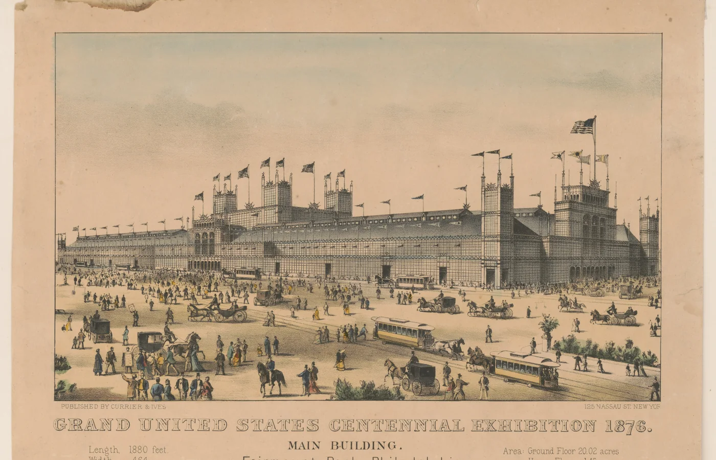Chromolithograph of the Main Building of the 1876 Centennial Exhibition in Fairmount Park, Philadelphia