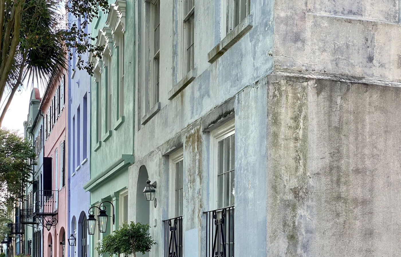 Rainbow Row on East Bay Street in Charleston, the restored row houses painted in pastel colors since 1931