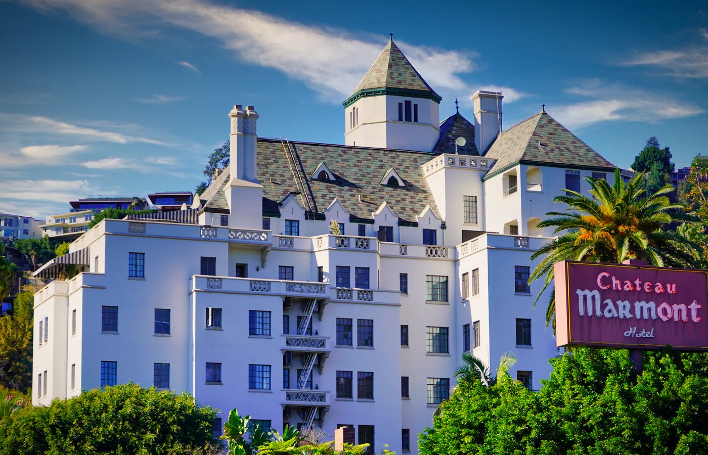Chateau Marmont above Sunset Boulevard in Los Angeles, opened 1929 and modeled on a French Loire Valley chateau