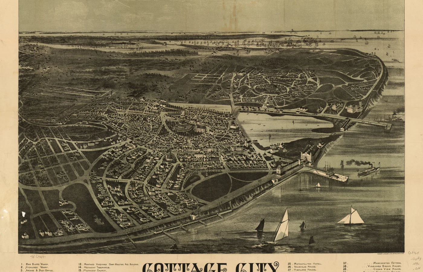Bird's-eye view lithograph of Cottage City, Martha's Vineyard, printed by Robert A. Welcke in 1890