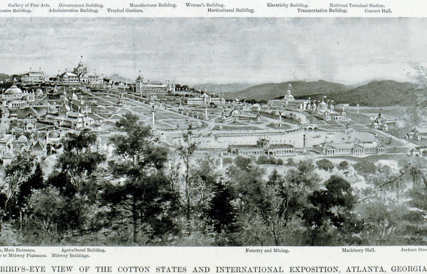 Bird's-eye view of the 1895 Cotton States and International Exposition at Piedmont Park in Atlanta, Georgia