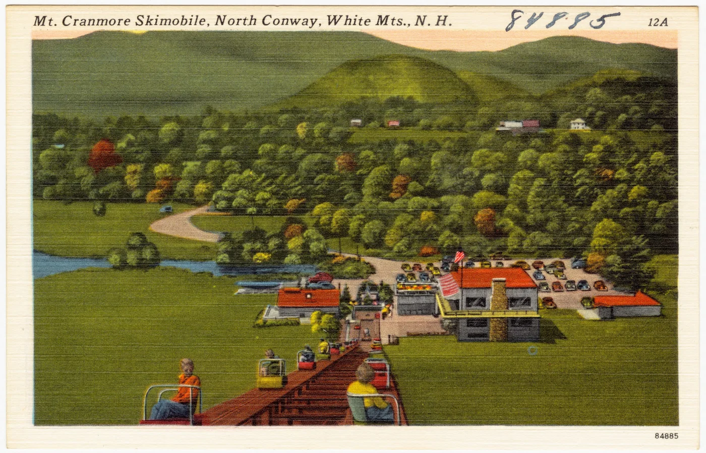 Tichnor Brothers postcard of the Skimobile lift climbing Mount Cranmore at North Conway