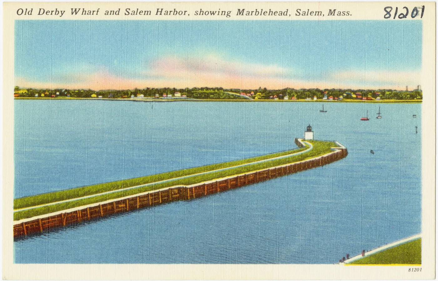Postcard of old Derby Wharf and Salem Harbor in Salem, Massachusetts
