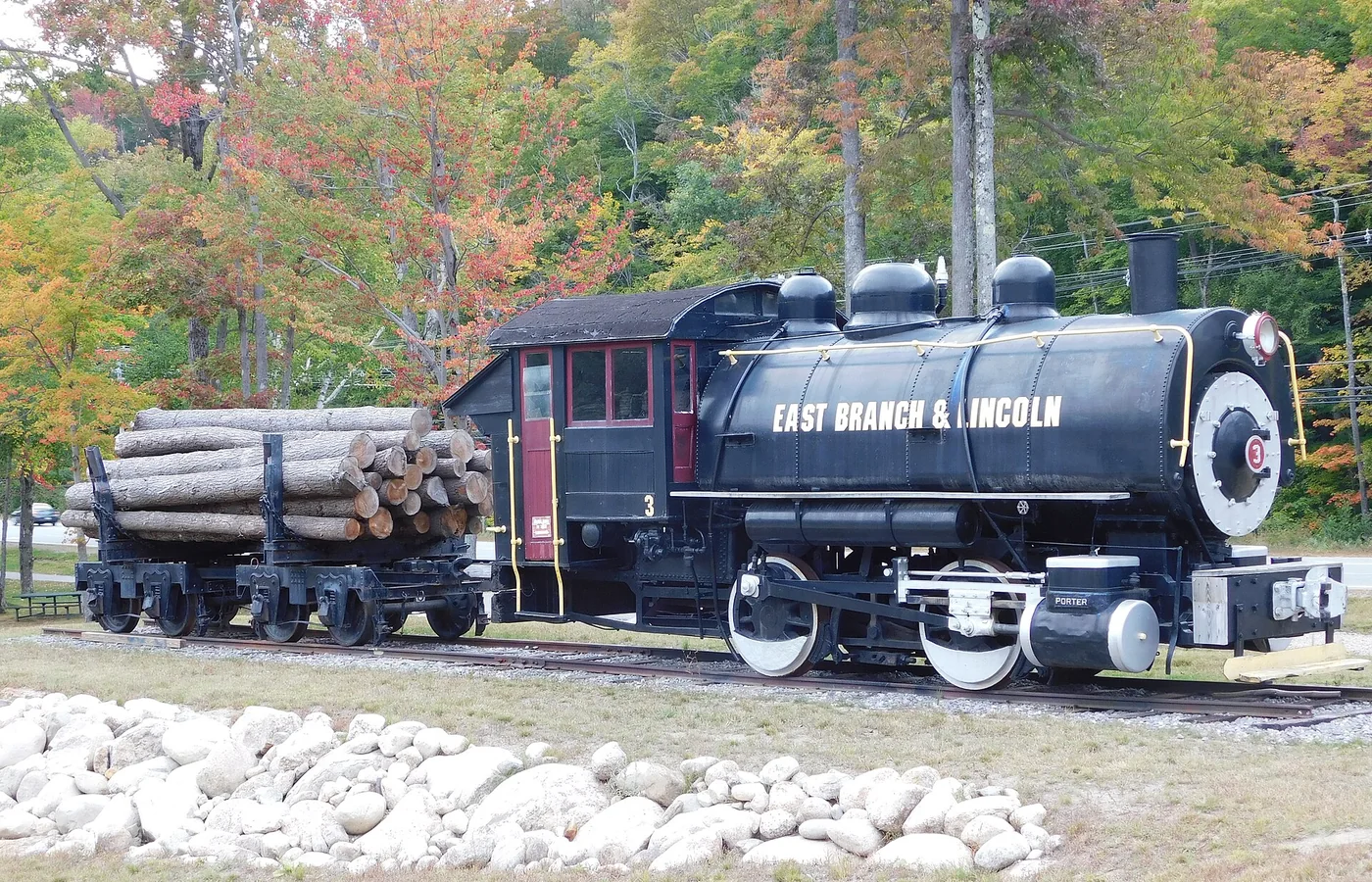Preserved East Branch and Lincoln Railroad steam locomotive displayed at Loon Mountain in Lincoln New Hampshire