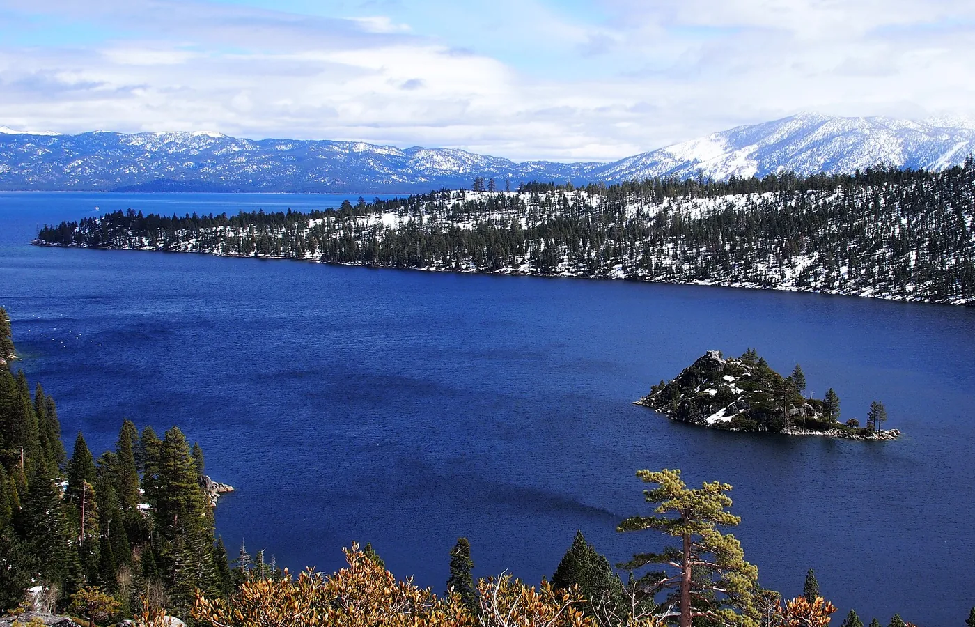 Emerald Bay on Lake Tahoe's southwest shore with Fannette Island, one of the most photographed views in the Sierra