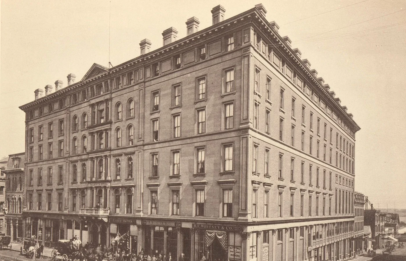The Falmouth Hotel in Portland, Maine, the 240-room grand hotel completed in 1868 after the Great Fire