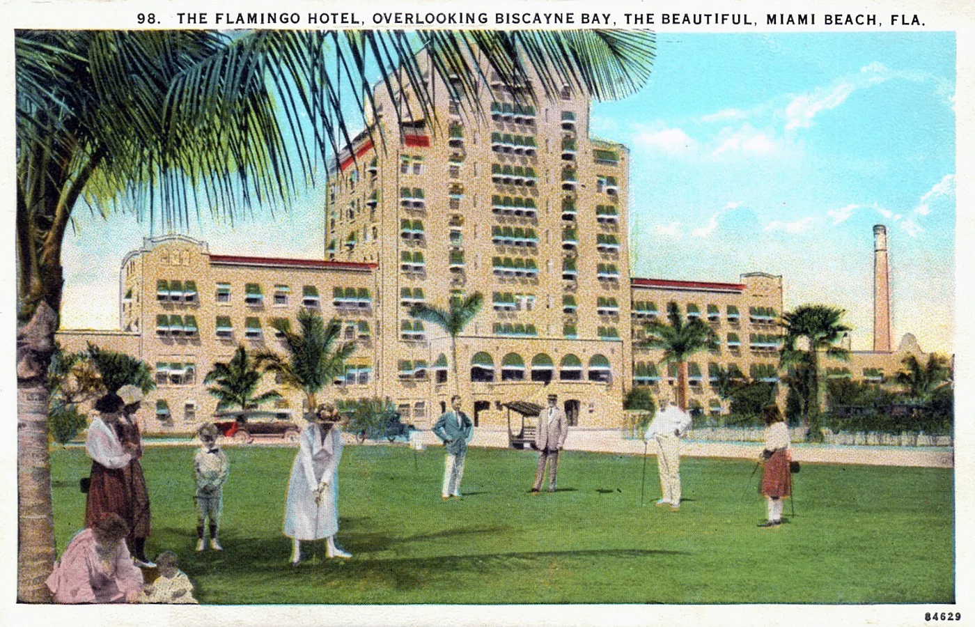 A period postcard of the Flamingo Hotel overlooking Biscayne Bay in Miami Beach, around 1921 — Carl Fisher's flagship resort and one of the promotional images that sold Florida's beach-vacation template to the nation