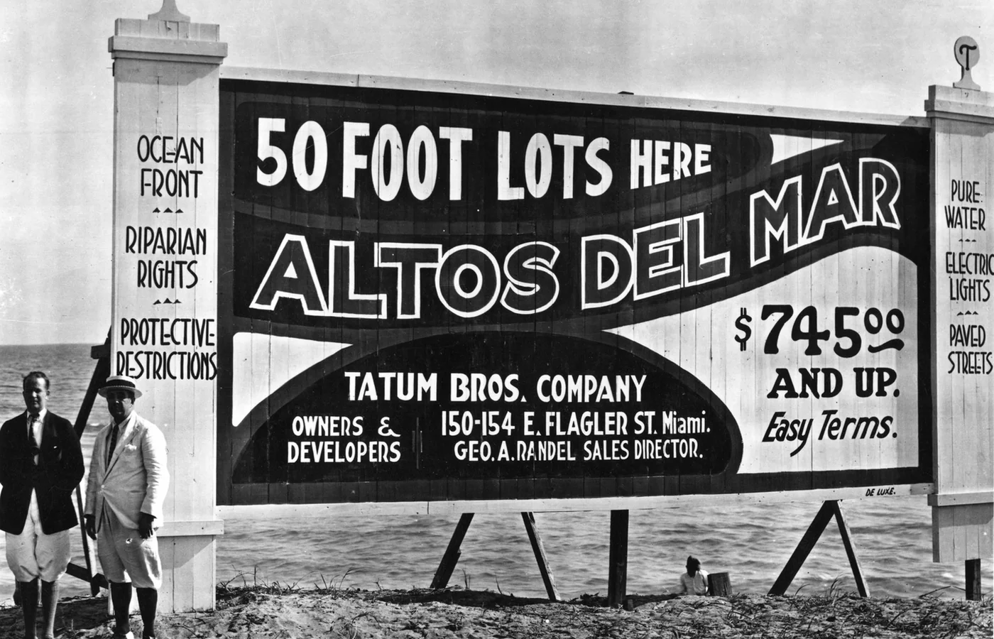 A 1922 beachfront billboard in Miami advertising 50-foot oceanfront lots at Altos del Mar for $745 and up on easy terms — Florida's original property marketing, a century before Cavmir's short-term rental listings