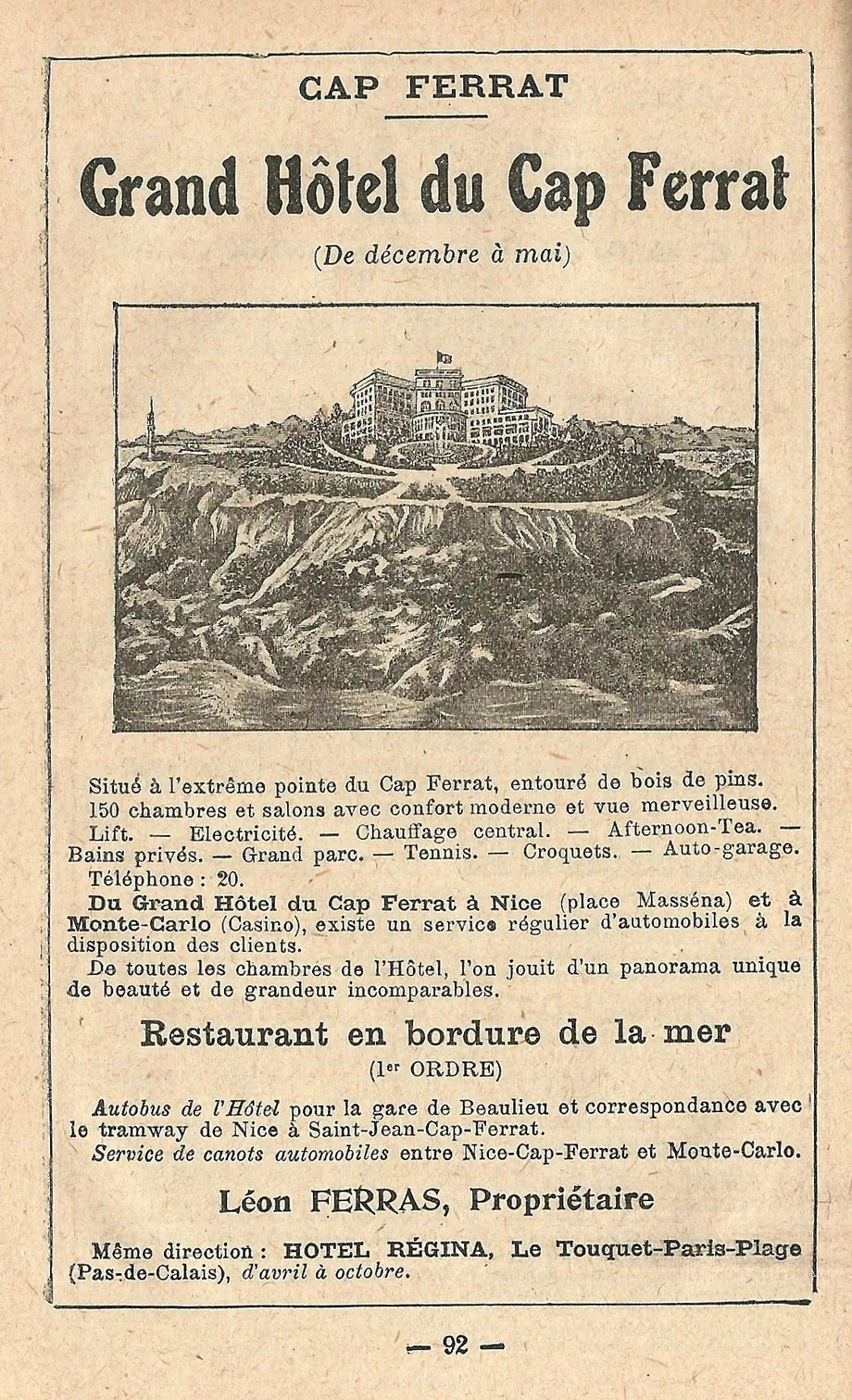 A 1921 printed advertisement for the Grand-Hôtel du Cap-Ferrat listing 150 rooms, sea views, afternoon tea and tennis — the peninsula's original hospitality marketing, a century before Cavmir's short-term rental listings