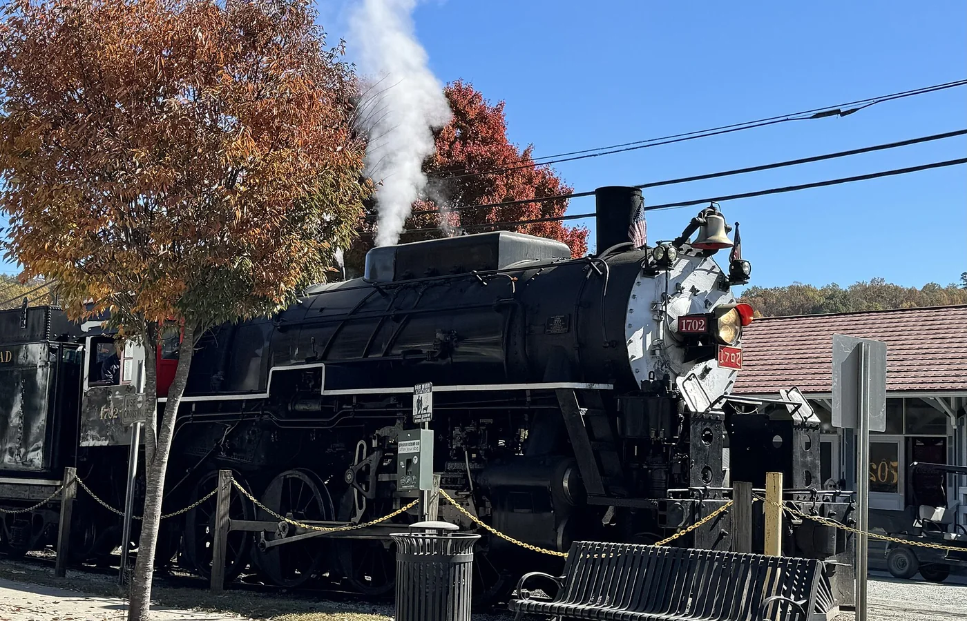 Great Smoky Mountains Railroad steam engine No. 1702 at the depot in Bryson City, North Carolina
