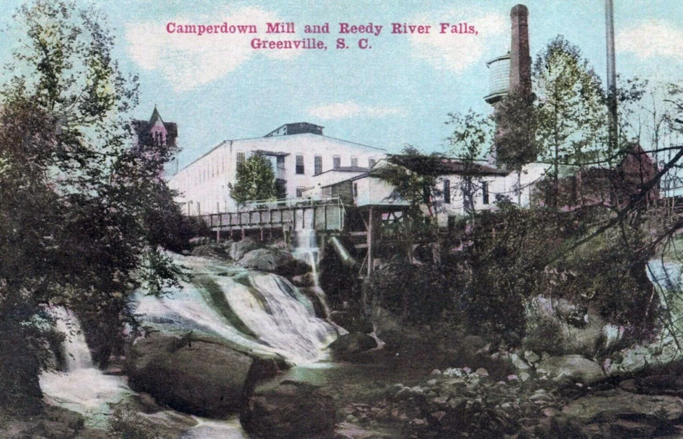 Postcard of the Camperdown Mill above the Reedy River falls in Greenville, South Carolina