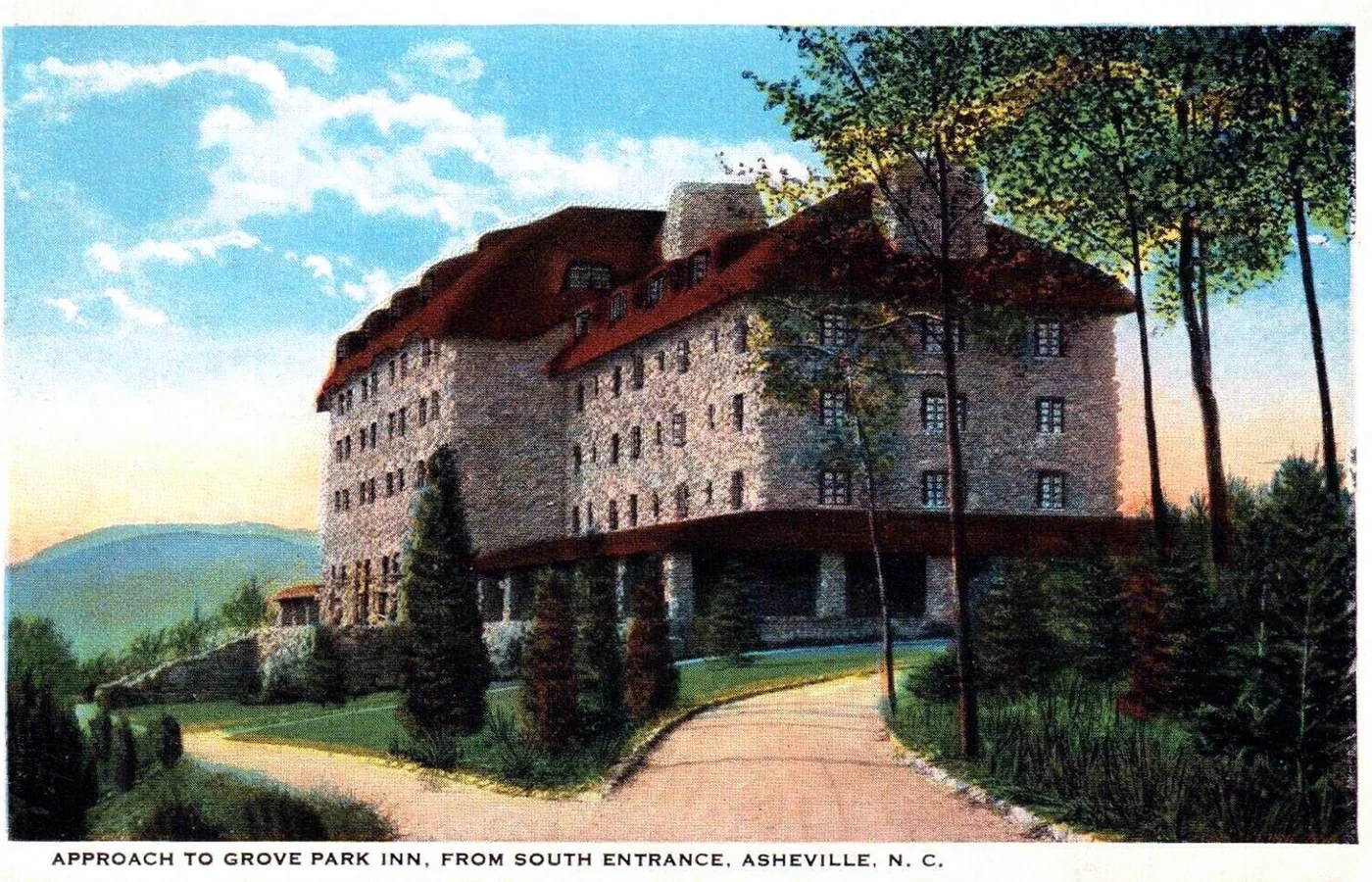 Period postcard of the approach to the Grove Park Inn on Sunset Mountain in Asheville