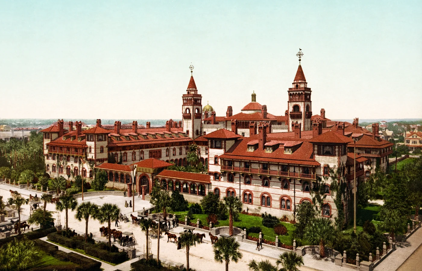 The Hotel Ponce de León in St. Augustine photographed around 1902 — Henry Flagler's Spanish-Renaissance palace that opened Florida to luxury travel and seeded today's Florida vacation-rental economy