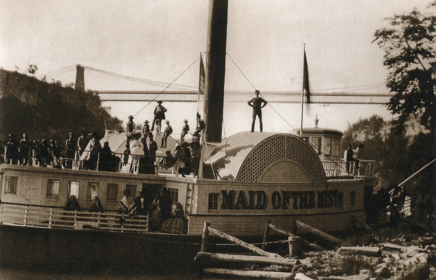 William England's 1859 photograph of the Maid of the Mist paddle steamer below the Niagara suspension bridge