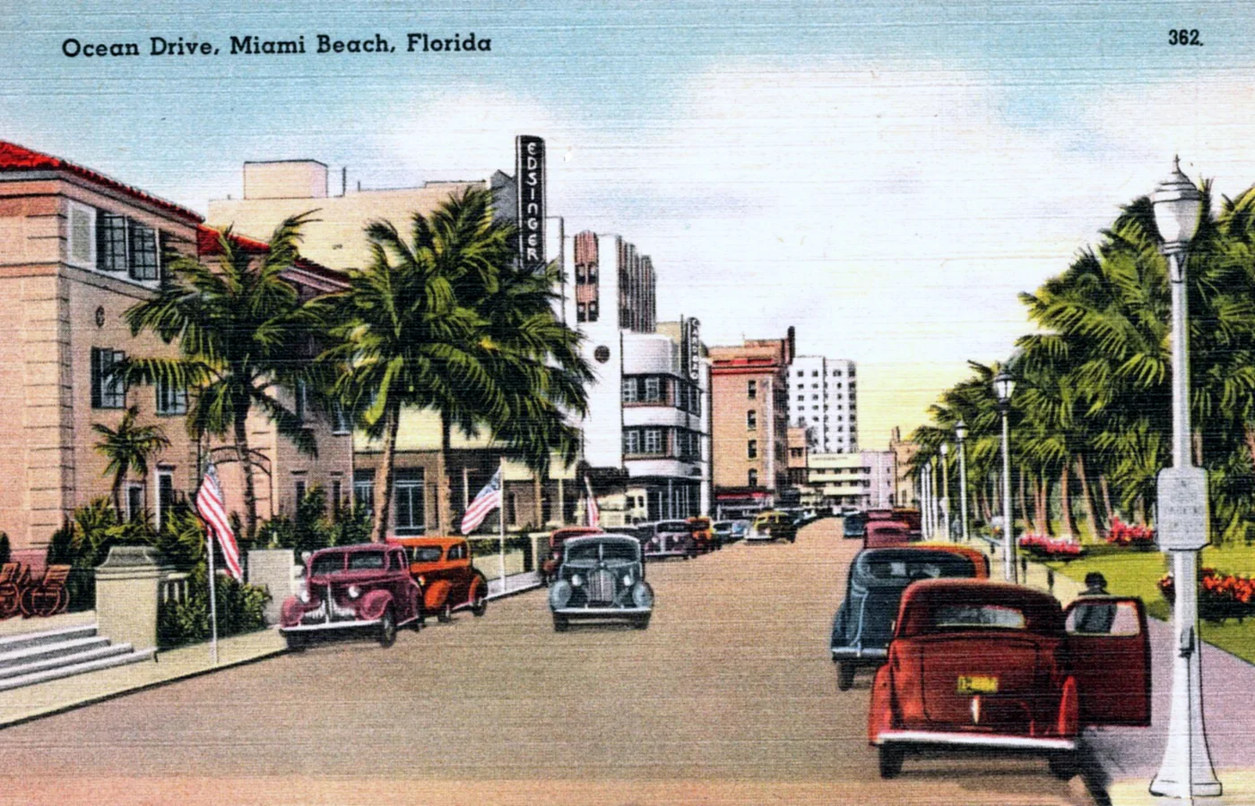 Historic view of the Art Deco hotels along Ocean Drive, Miami Beach, that gave South Beach its identity