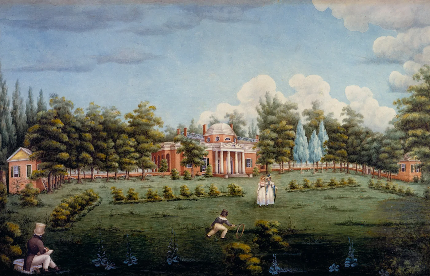 1825 watercolor by Jane Braddick Peticolas of the west front of Monticello with Thomas Jefferson's grandchildren on the lawn
