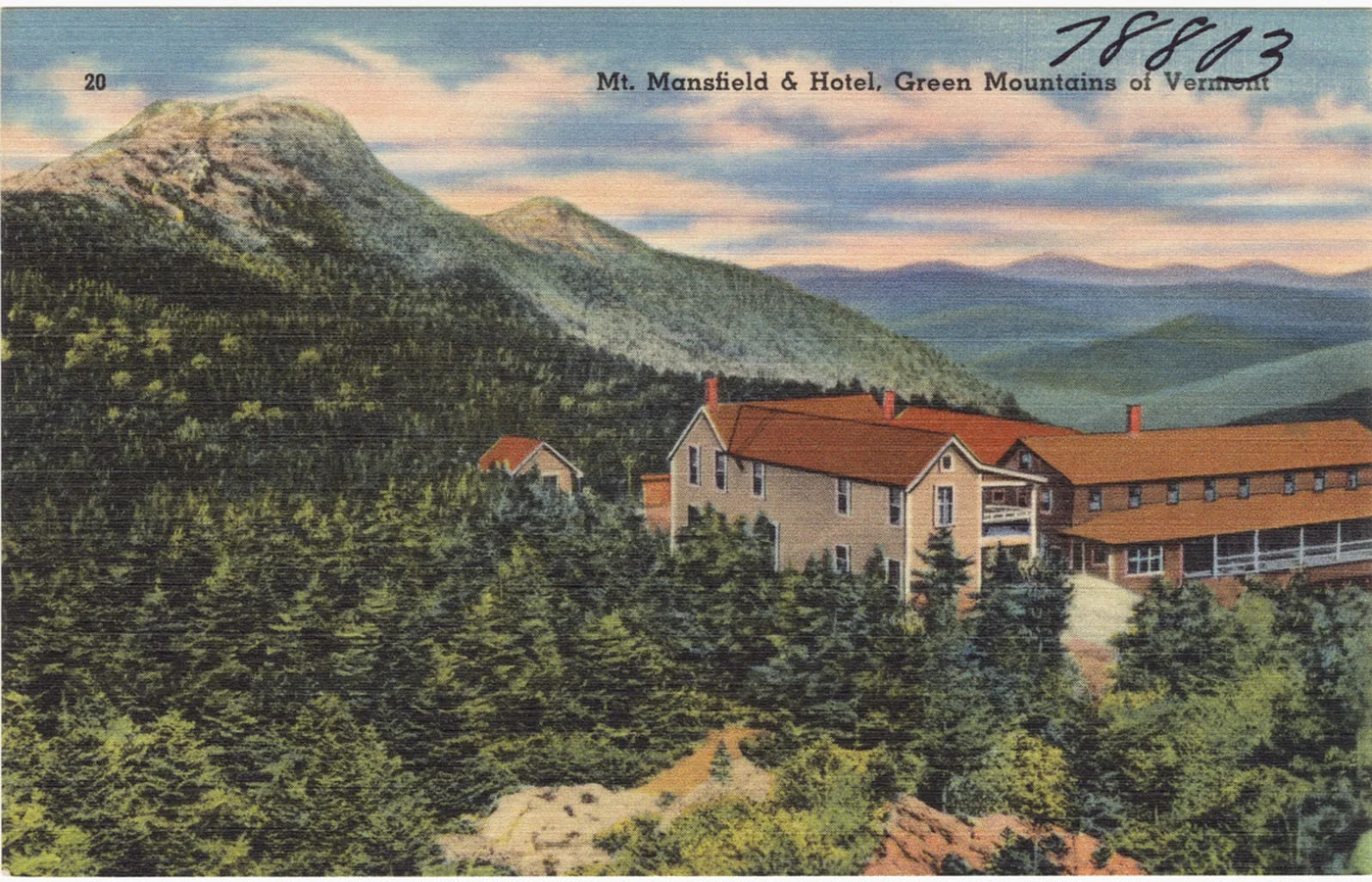 Vintage linen postcard of Mount Mansfield and its hotel in Vermont's Green Mountains