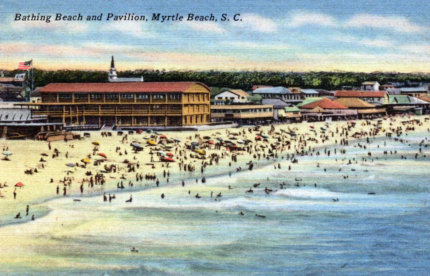 Linen postcard of the bathing beach and Pavilion at Myrtle Beach, South Carolina