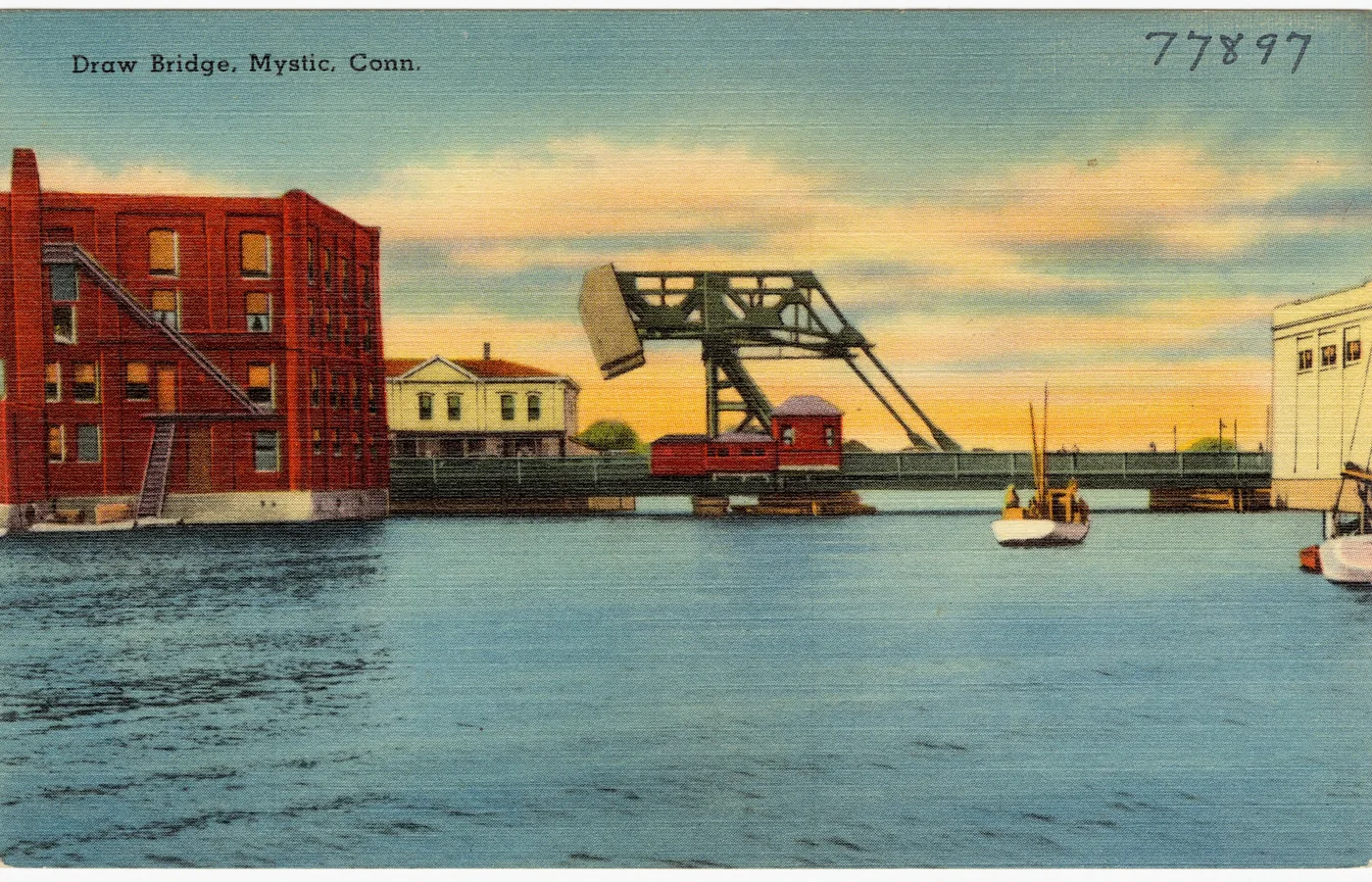 Tichnor Brothers postcard of the bascule drawbridge over the Mystic River in Mystic, Connecticut