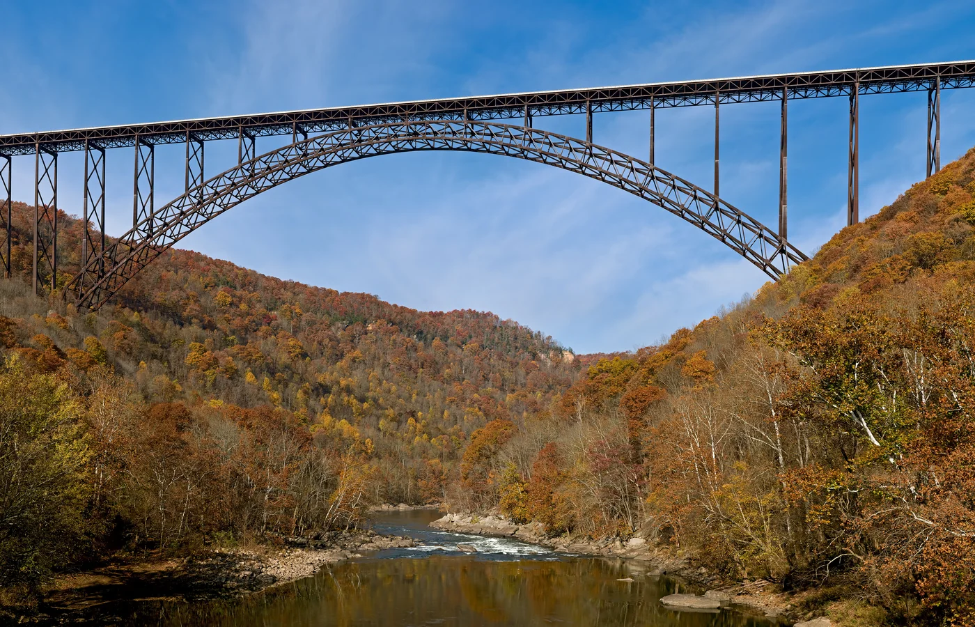 The New River Gorge Bridge spanning the gorge near Fayetteville, West Virginia, 876 feet above the river