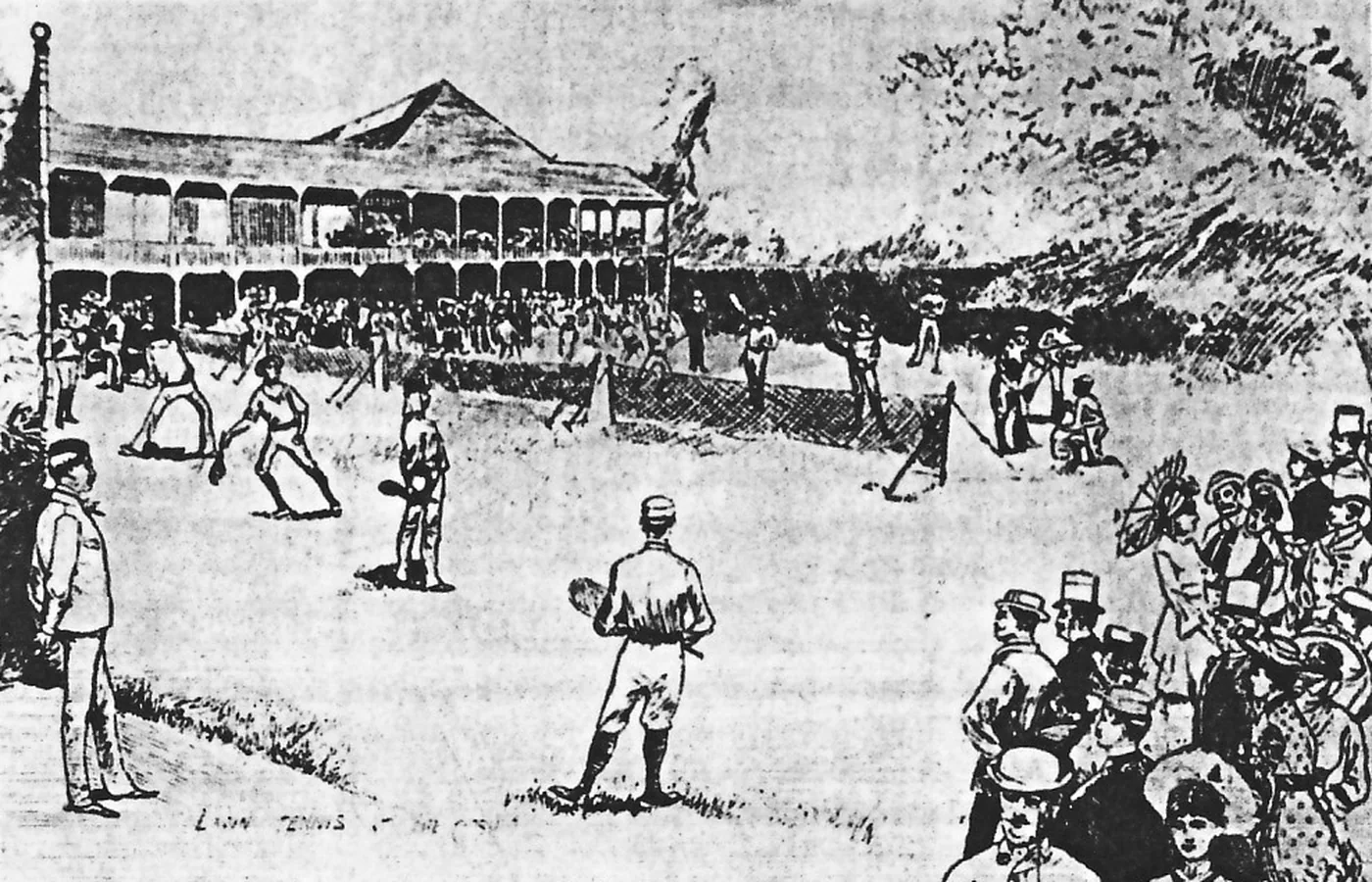 Period illustration of the first U.S. National Tennis Championships on the lawn of the Newport Casino in 1881