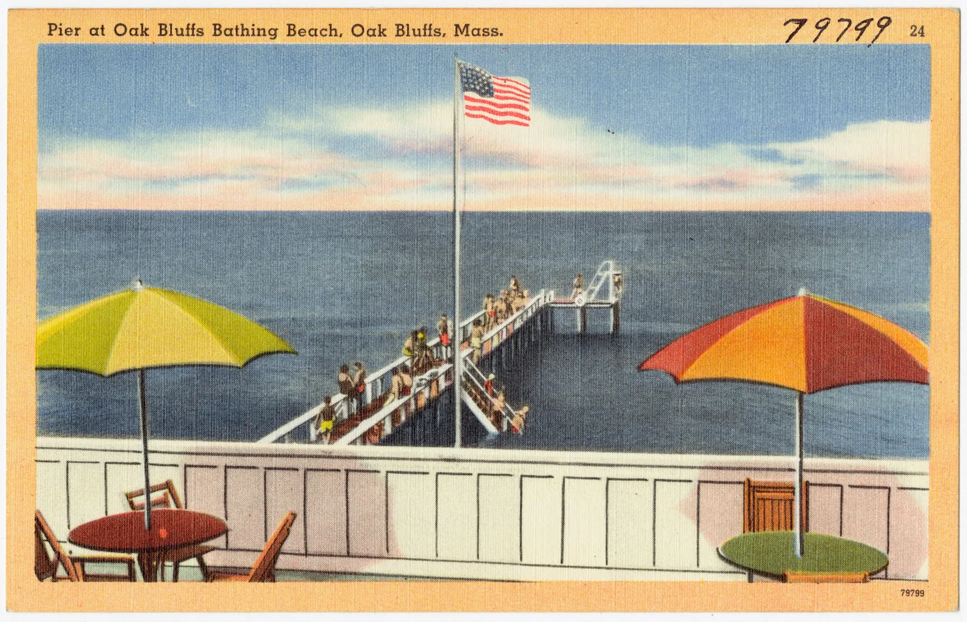 Postcard of the pier at the Oak Bluffs bathing beach on Martha's Vineyard