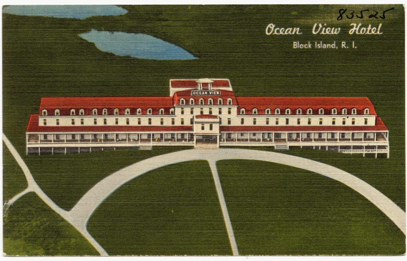 Tichnor Brothers postcard of the Ocean View Hotel above Old Harbor on Block Island, Rhode Island
