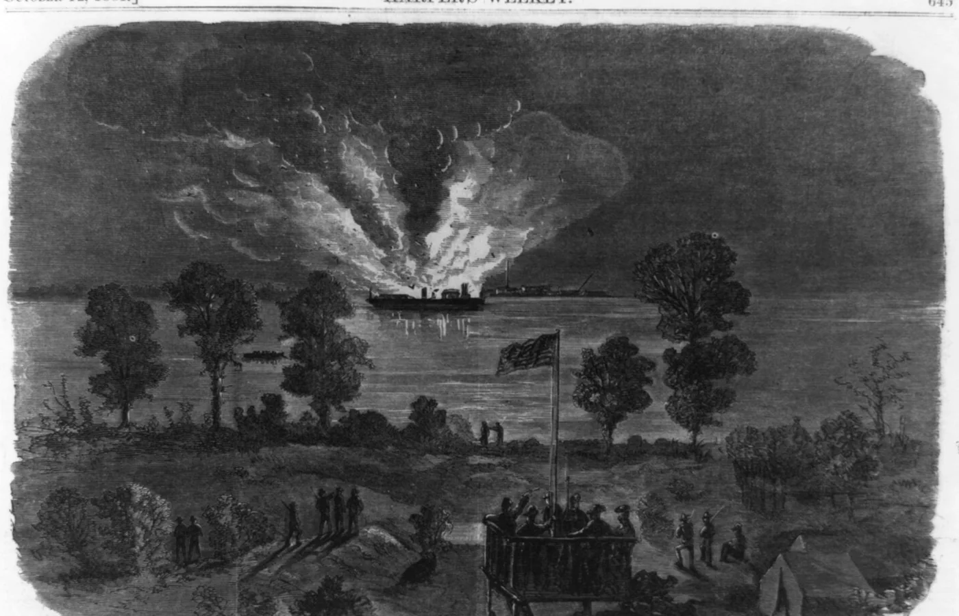 A period print of the burning of the Pensacola dry dock off Fort Pickens during the Civil War