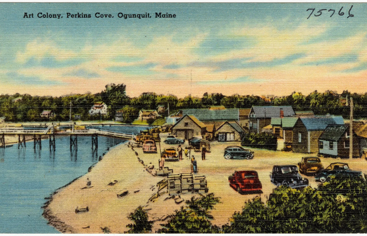 Vintage postcard of the art colony buildings and footbridge at Perkins Cove, Ogunquit, Maine