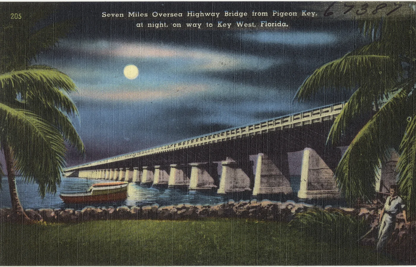 The Overseas Highway bridge seen from Pigeon Key at night, Florida Keys