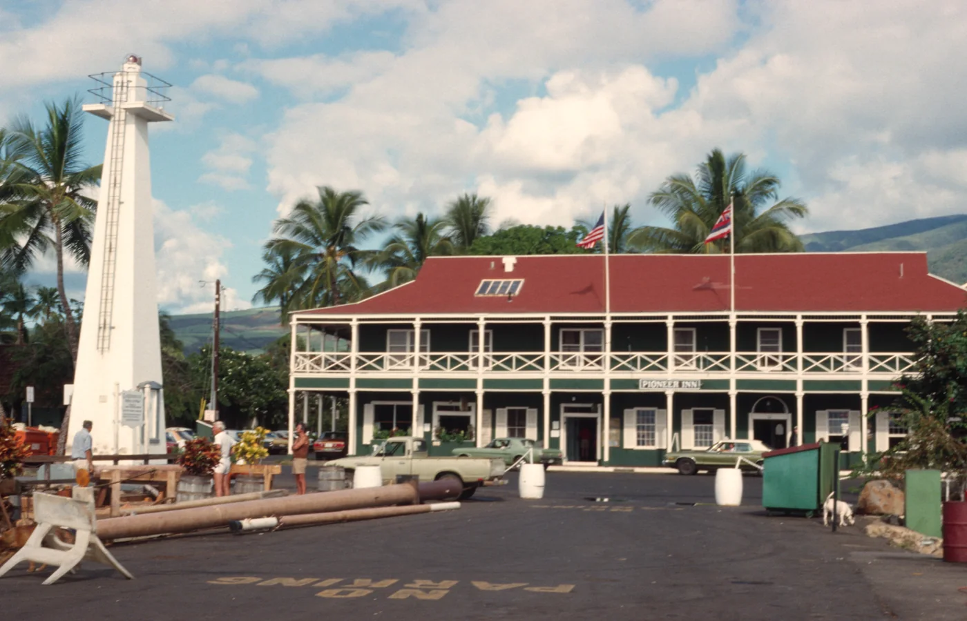 The Pioneer Inn on Lahaina's harborfront as it stood before the 2023 wildfire, the 1901 hotel that began Maui's visitor trade