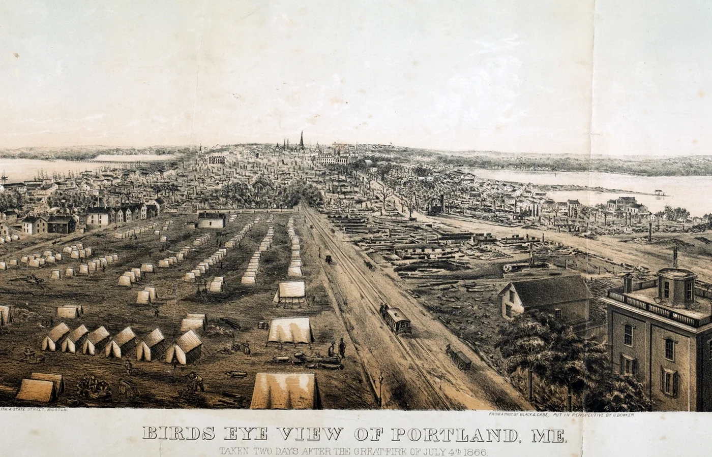 Lithograph of Portland, Maine, in ruins after the Great Fire of July 4, 1866