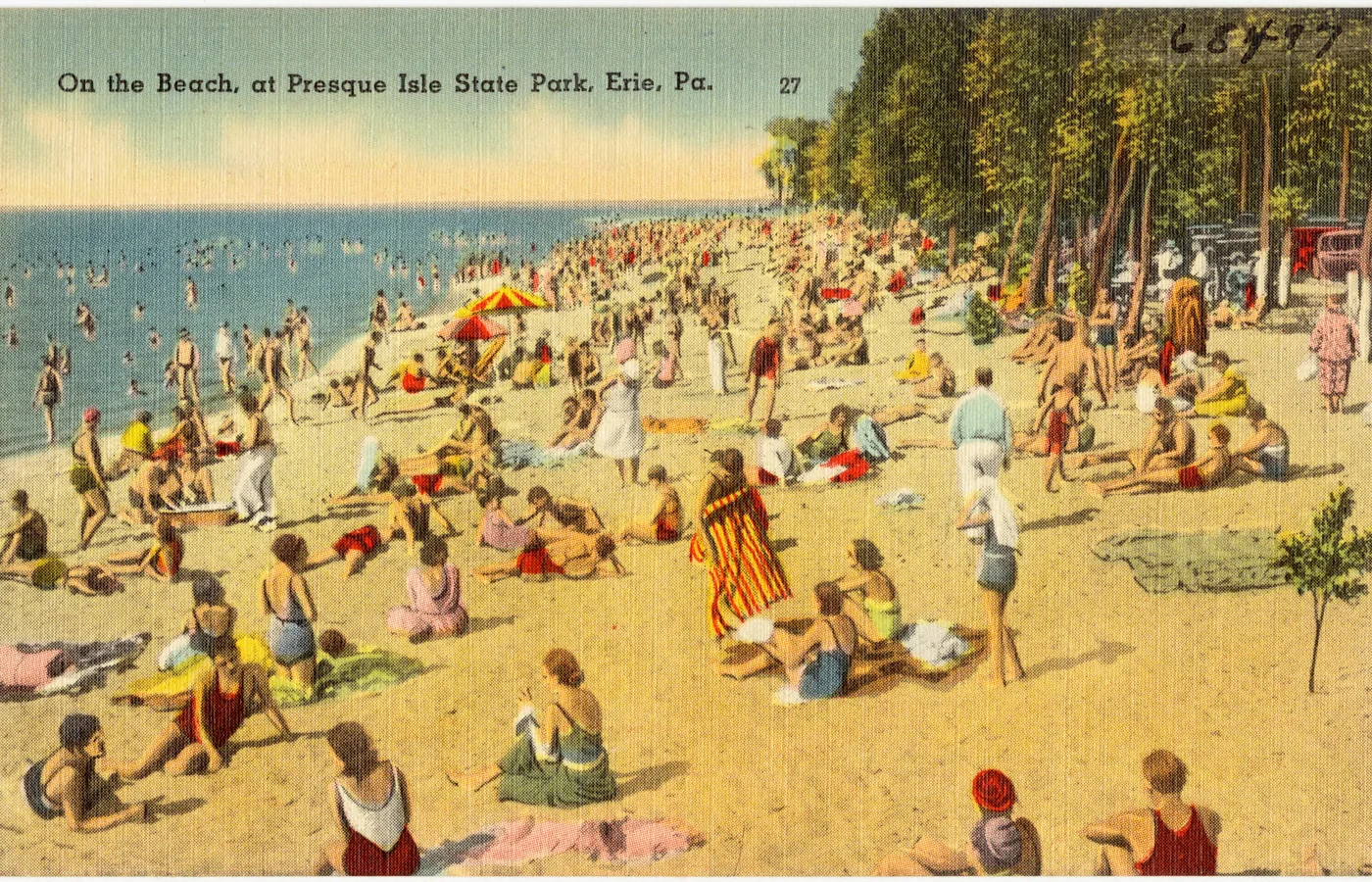 Tichnor postcard of bathers on the beach at Presque Isle State Park in Erie, Pennsylvania