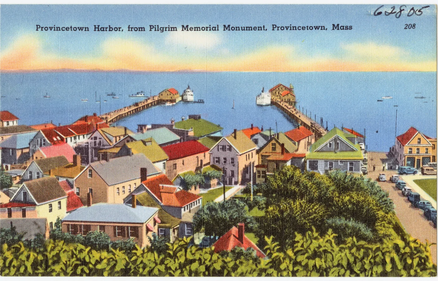 Postcard view of Provincetown Harbor and its wharves from the Pilgrim Memorial Monument