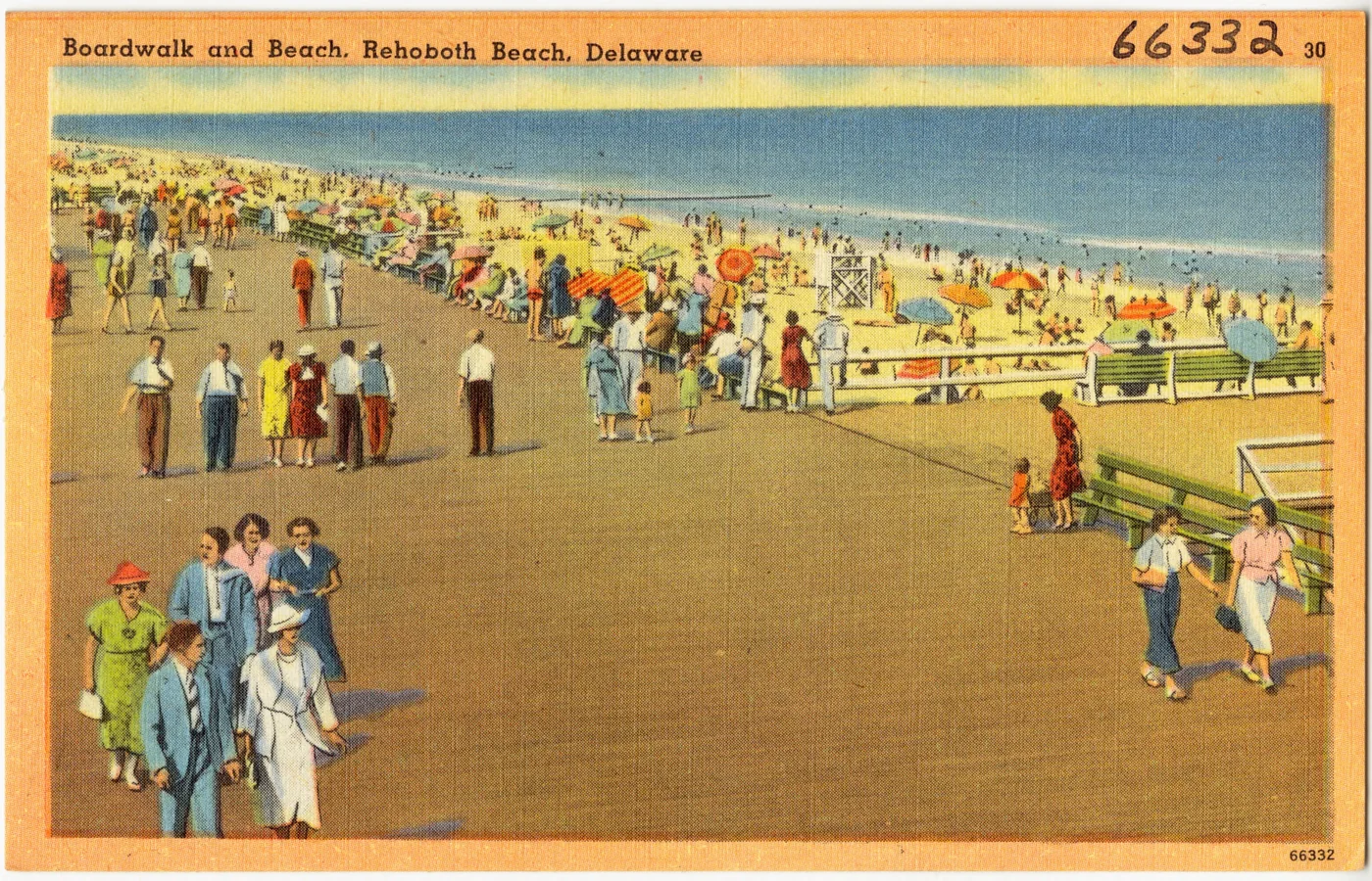 Tichnor Brothers linen postcard of the boardwalk and bathing beach at Rehoboth Beach, Delaware