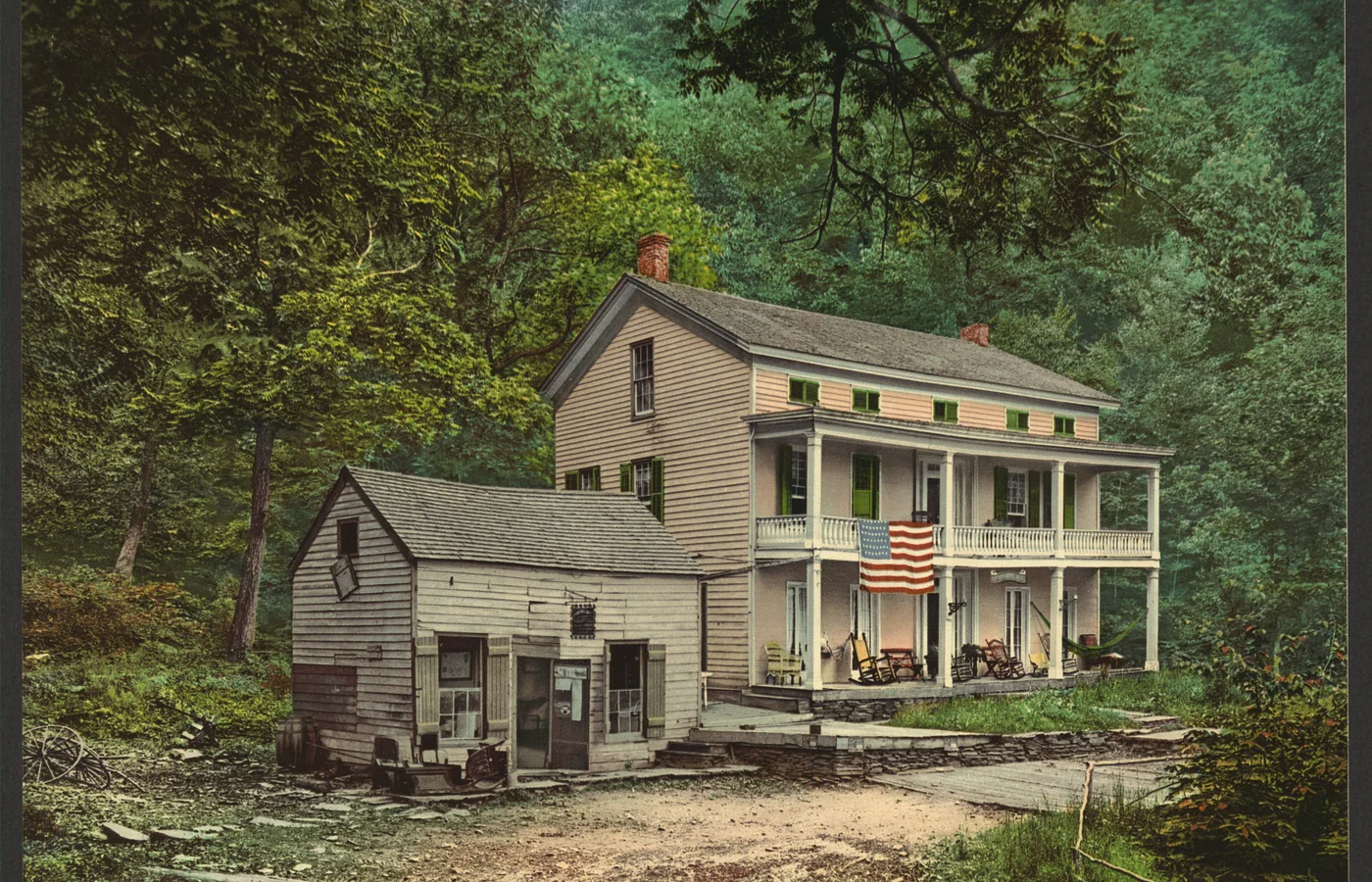 The Rip Van Winkle House in Sleepy Hollow on the Catskill mountain road, photographed for the postcard trade