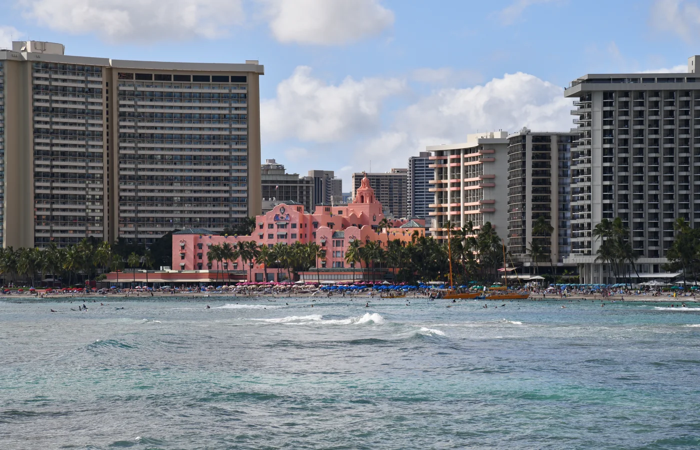 The Royal Hawaiian Hotel in Waikiki, the pink Spanish-Moorish resort that Matson Navigation opened in 1927