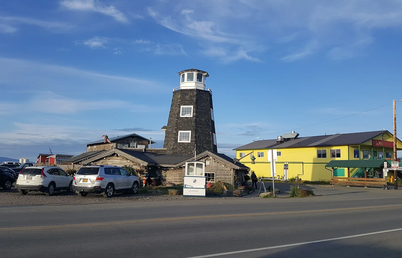 The Salty Dawg Saloon on the Homer Spit, an 1897 building with a lighthouse tower that became Homer's best-known landmark