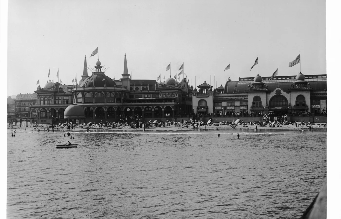 The Santa Cruz Beach Boardwalk Casino and Plunge buildings seen from the pier around 1907