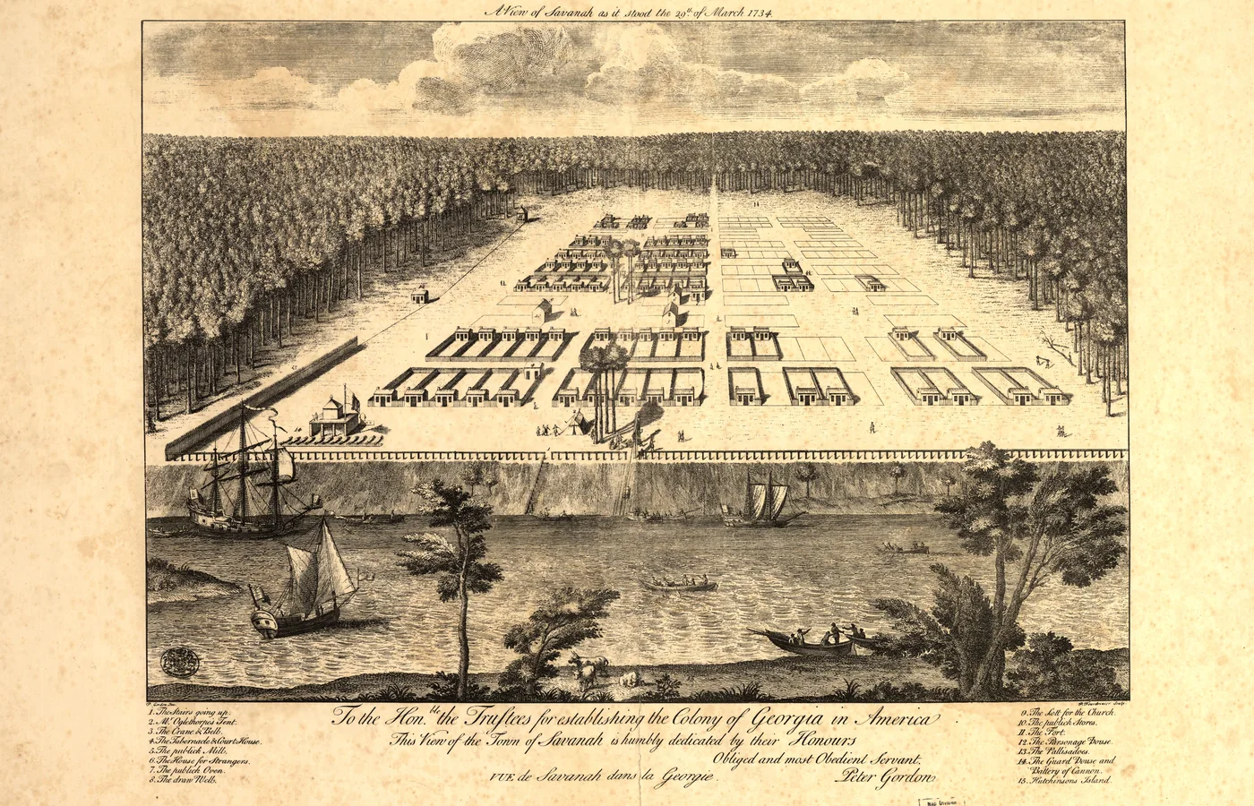 The 1734 Peter Gordon engraving 'A View of Savannah as it stood the 29th of March 1734,' showing Oglethorpe's planned grid of squares