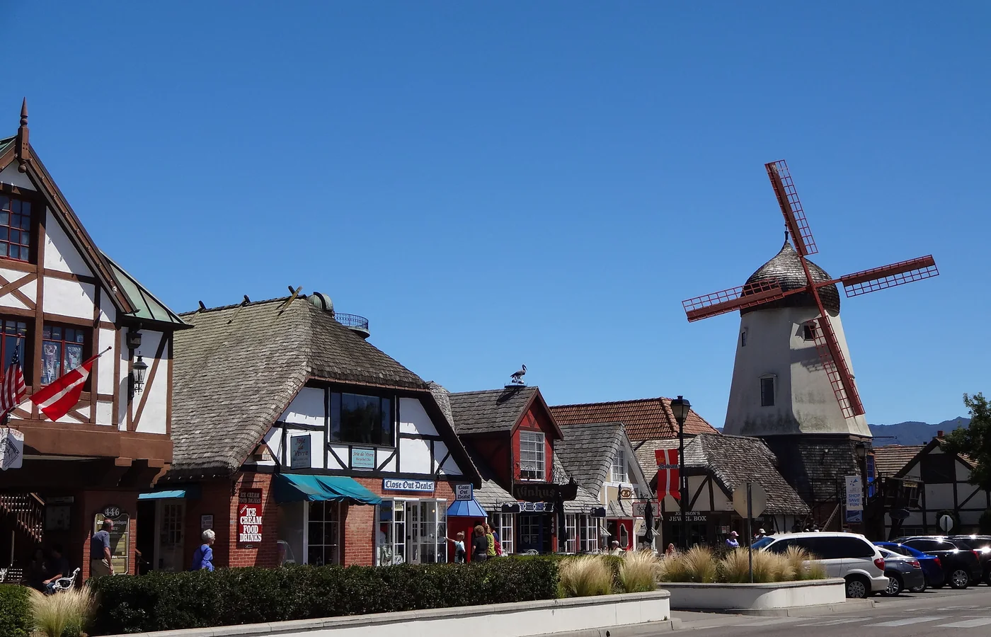 A half-timbered Danish-style street of shops in Solvang, California, the town's manufactured Old-World streetscape