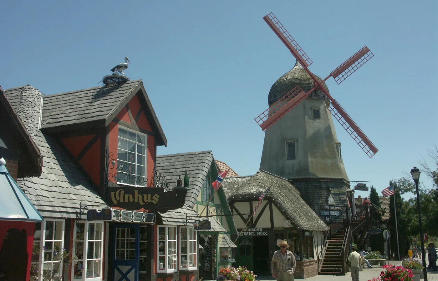 A Danish-style windmill in Solvang, California, an icon of the town's half-timbered Danish theme
